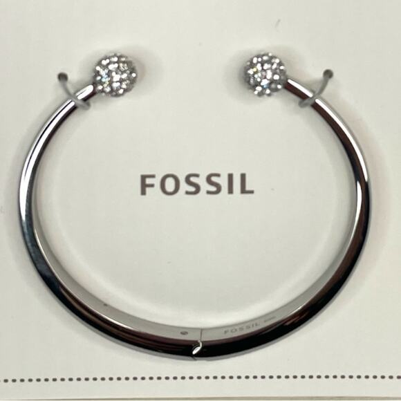 Fossil Stainless Steel Glitzy Ball Rhinestone Cuff Bracelet Silver Tone - Picture 7 of 7